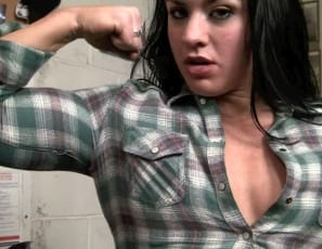Teen bodybuilder Dominique’s biceps and triceps are too big and sexy for her shirt – that’s why the snaps keep popping as she poses and flexes in the gym. So she takes it off, giving you a peek at her pretty pecs and ripped abs. Isn’t it sad when a young girl has nothing to wear?
